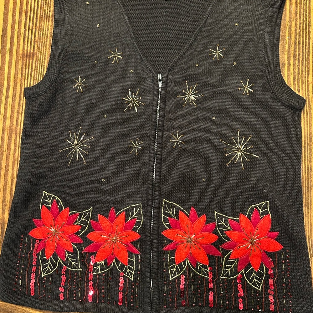 Kim Rogers Black Knit Vest with Red Embroidery. Beaded Poinsettia Christmas Vest